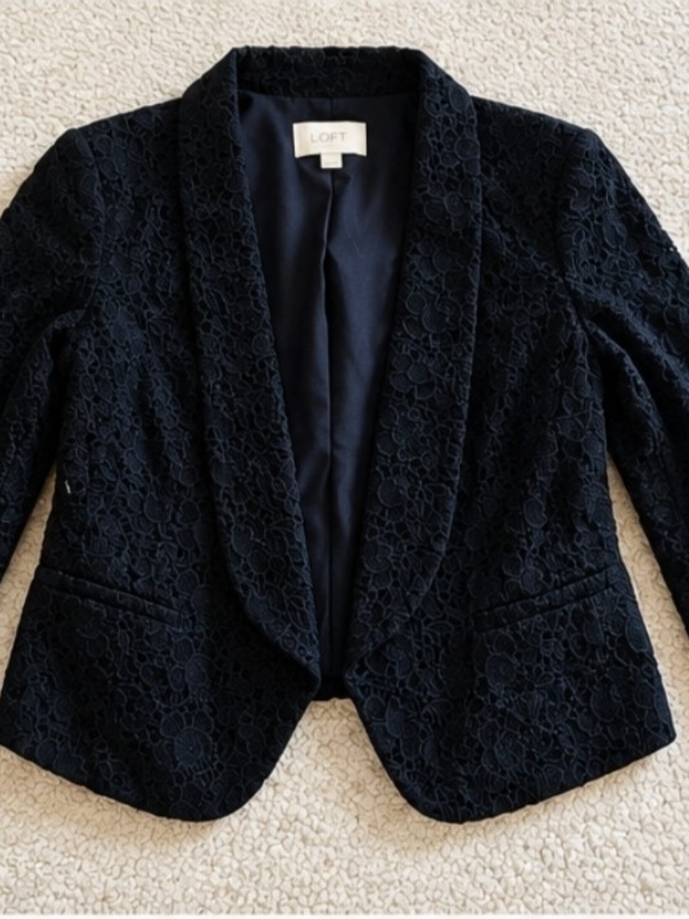 LOFT Women’s Size 4 Navy Blue Floral Lace Blazer Open Front Jacket